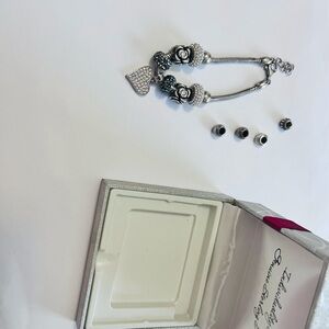 Silver 925 Heart Charm Bracelet with Rose Accents and Bead Inserts